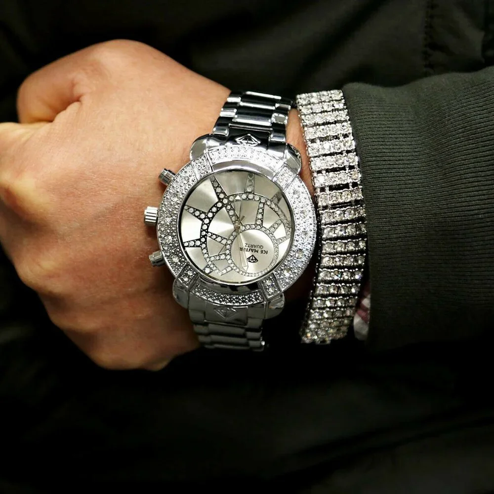 Iced Out Diamond Watch And 4row Bracelet Set